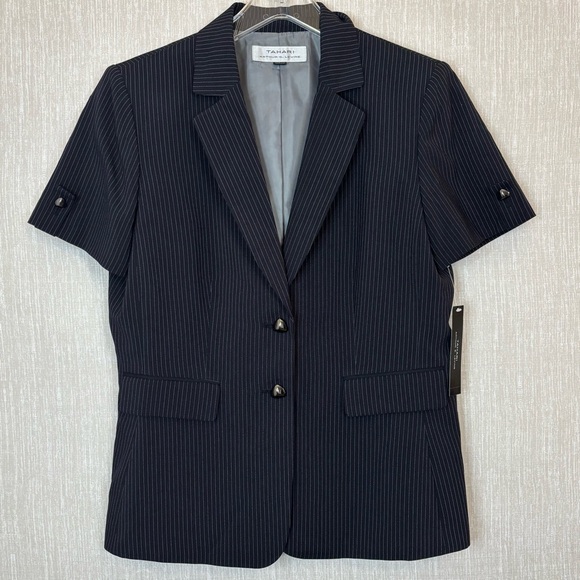Tahari Womens Black Blazer Structured Suit Jacket Pinstripe